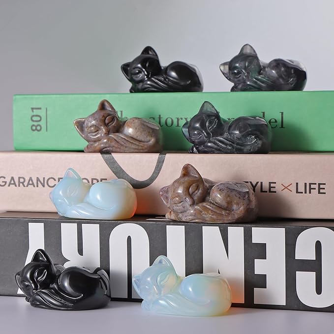 2" Sleeping Cat Statue Opalite Healing Crystals Hand Carved Cute Kitten Figurine, Worry Stone for Anxiety Relif Home Desk Decor Animal Figurine (Opalite)