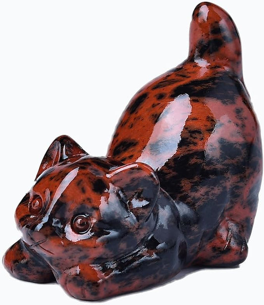 Red Obsidian Cat Crystal Statue Healing Crystal Reiki Meditation Pocket Gem Guardian Sculpture Home Study Table Desk Decor Collection Gift for Loved Ones