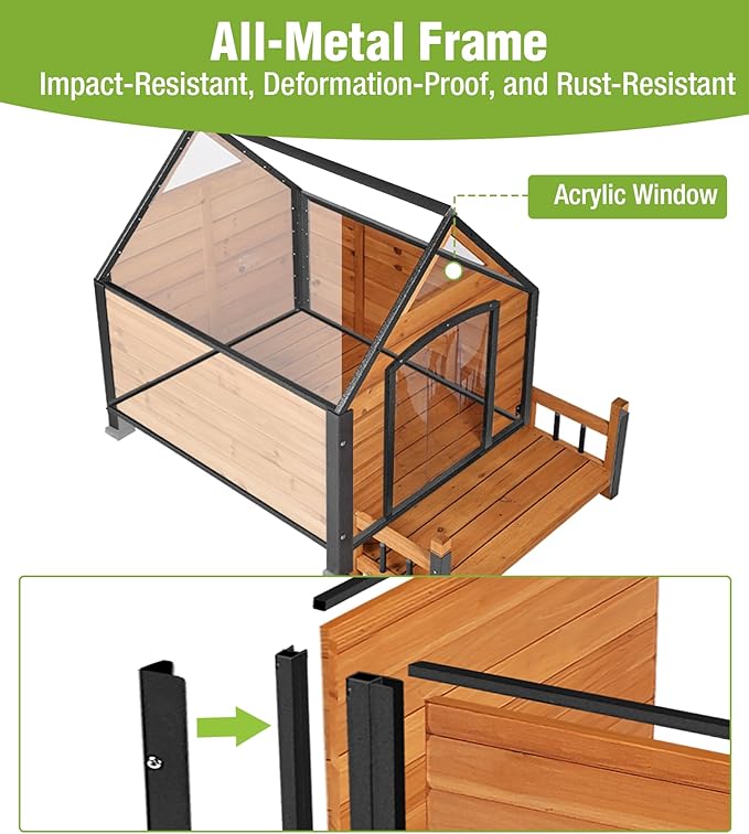 GUTINNEEN Insulated Dog House Outdoor, Waterproof Dog Kennel with Anti-Bite Design, Asphalt Roof, Elevated Base, PVC Curtain, for Small to Medium Dogs - Brown