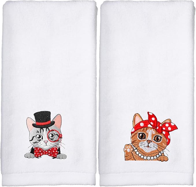2 Pack Cat Kitchen Towels for Cat Lovers Gift Hand Bath Towels Sets for Bathroom 14 x 29 in 100% Cotton Embroidered Kitten Dish Tea Towel Christmas Holiday Kitchen Items