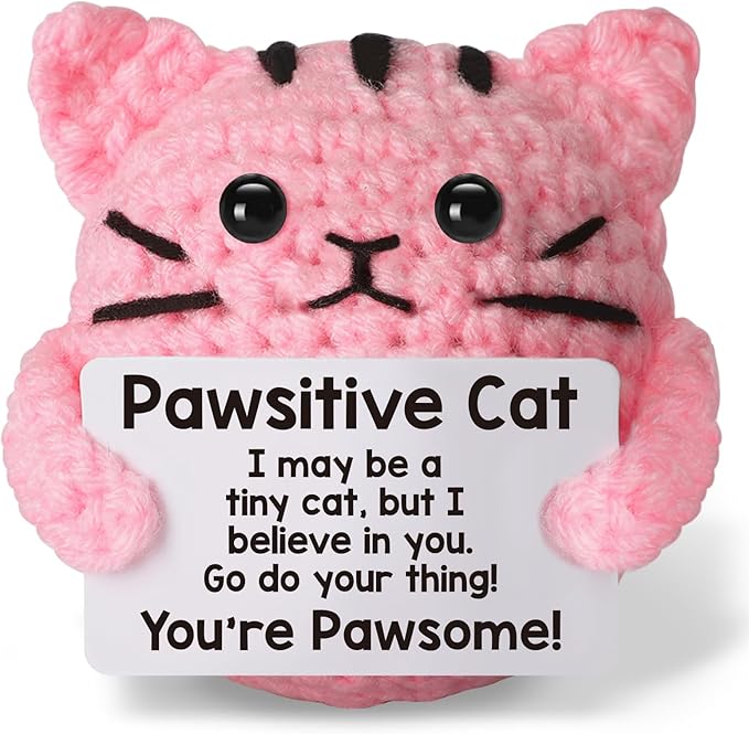 Positive Cat Crochet for Friend Mom Grandma Dad Grandpa Daughter Son Aunt,Pink Cat Gifts for Cat Lover,Emotional Sister Brother Support Small Birthday Gifts Pink
