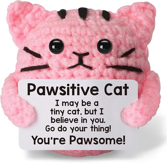 Positive Cat Crochet for Friend Mom Grandma Dad Grandpa Daughter Son Aunt,Pink Cat Gifts for Cat Lover,Emotional Sister Brother Support Small Birthday Gifts Pink
