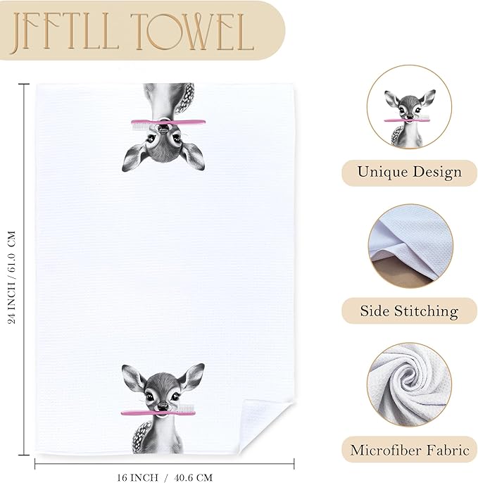 Funny Toothbrush Deer Hand Towels for Bathroom Washroom Restroom Decor, Deer Gifts for Women, Kids Hand Towels, 16x24 Inch