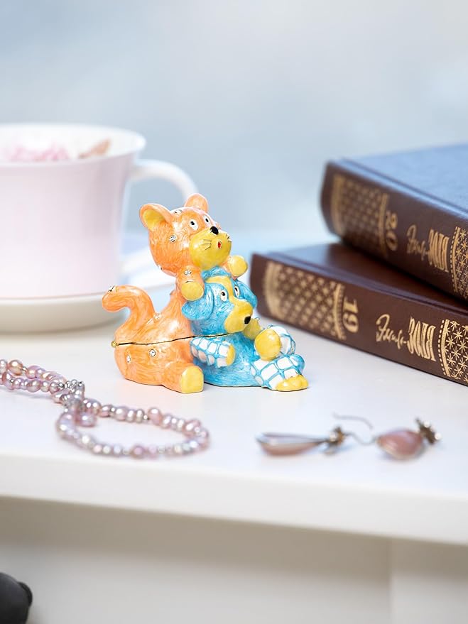 Keren Kopal Friends cat & Dog Trinket Box Decorated with Crystals Jewelry Storage Stash Handpainted Animal Figure Gift Idea for Home Decor