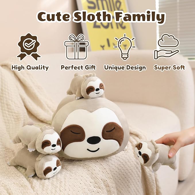SQEQE Sloth Stuffed Animals with Babies Inside 5-Piece Set of Sloth Mommy and Babies Plush Cuddly Stuffed Animals Toys for Kids, Gifts Ideal for Christmas, Valentine's, Birthday