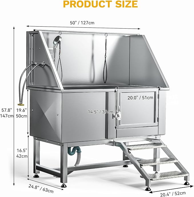 DWVO Professional Pet Dog Bathing Station for Grooming, 50'' Dog Grooming Bathtub with Right Staris, Floor Grate, Faucet, Showerhead & Soap Holder for Large, Medium & Small Pets