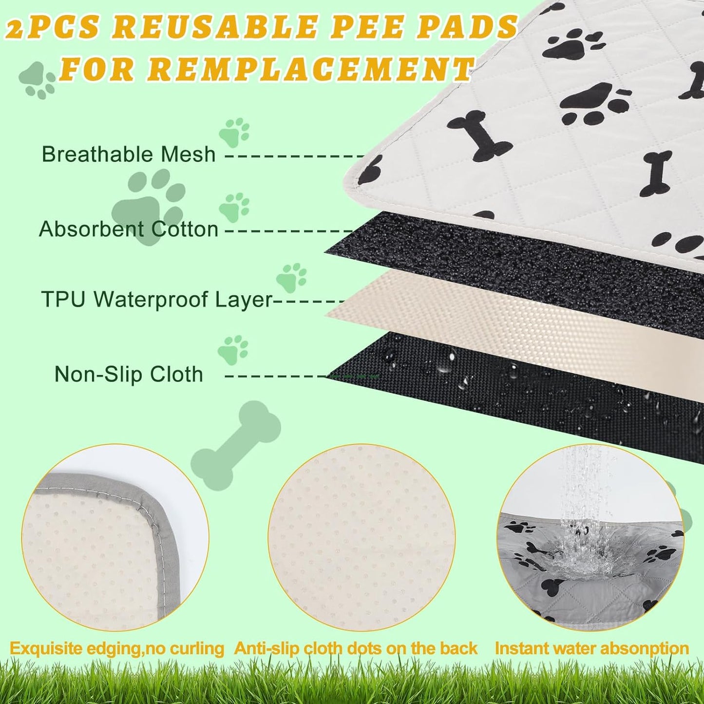 MEEXPAWS Dog Grass Pad With Tray/Foldable Liner Base Large, Litter Box Artificial Pee Pad for Indoor Potty, Odor Free Instant-Penetration Hemmed Edge, 2 PCS Reusable