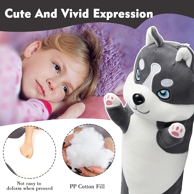 Long Husky Plush Pillow, 27.6in Cute Dog Plushie Stuffed Animals Body Pillow, Kawaii Husky Soft Plushie Doll Toy Birthday Gift for Kids Girlfriend