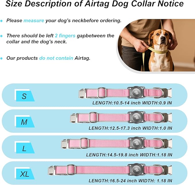 Waterproof Airtag Dog Collar - Nylon Collar with Durable Airtag Holder, Reflective&Anti-Lost with Safety Metal Buckle, Soft Padded Adjustable for Small Medium Large Dogs Pink M