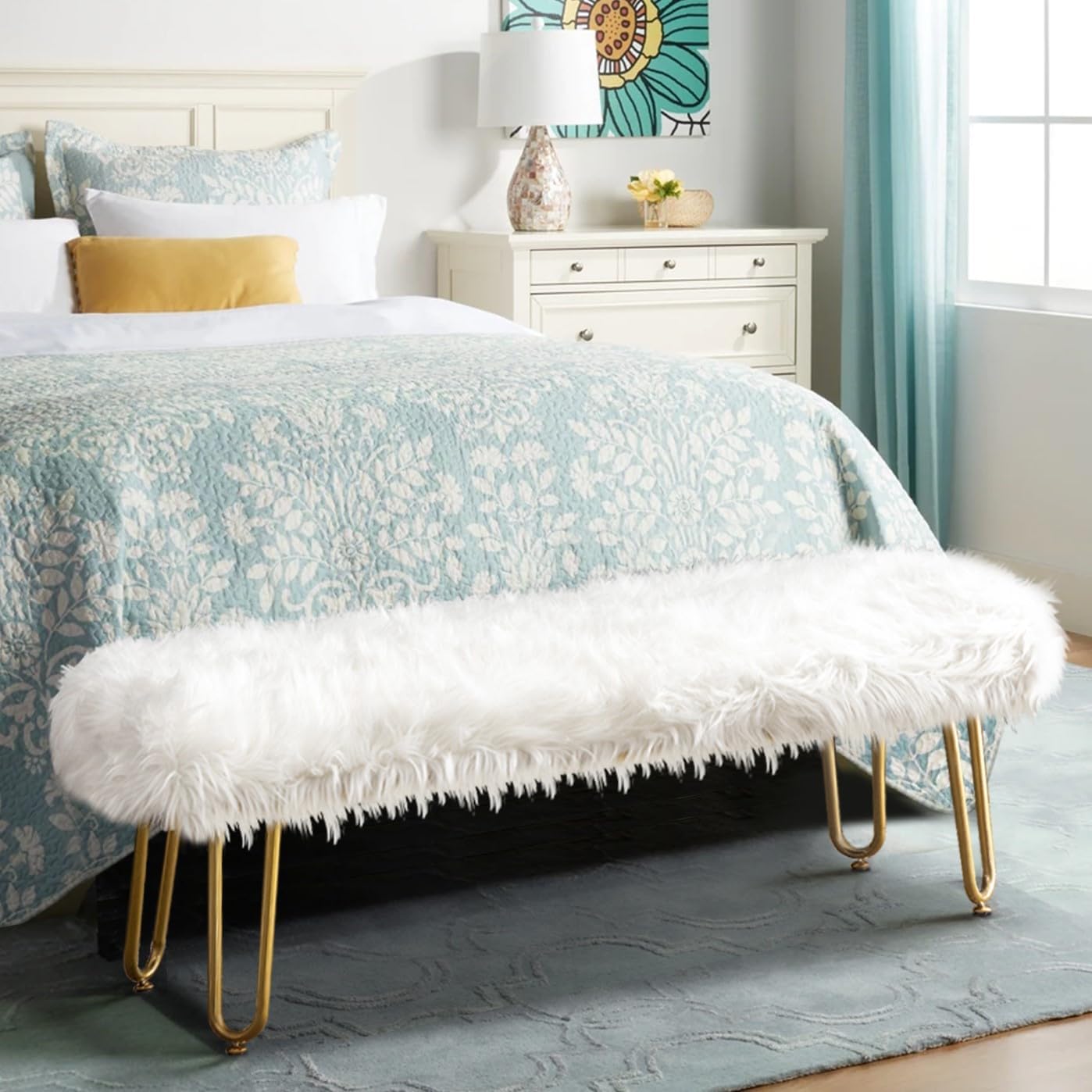 42.5Inch White Bedroom Bench, Benches for Bedroom White Faux Fur Upholstered Bed end Bench, Tufting Bench Indoor Bench with Metal Legs for Living Room Bedroom Dining Room Entryway