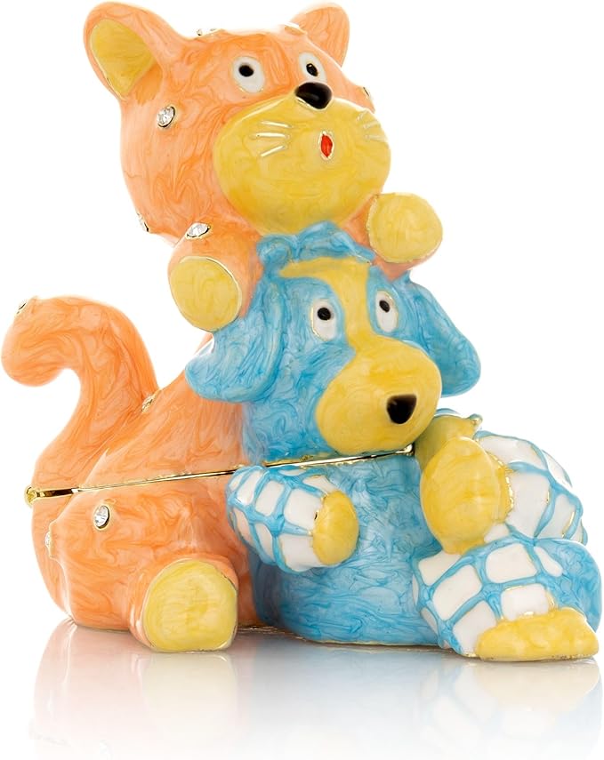 Keren Kopal Friends cat & Dog Trinket Box Decorated with Crystals Jewelry Storage Stash Handpainted Animal Figure Gift Idea for Home Decor