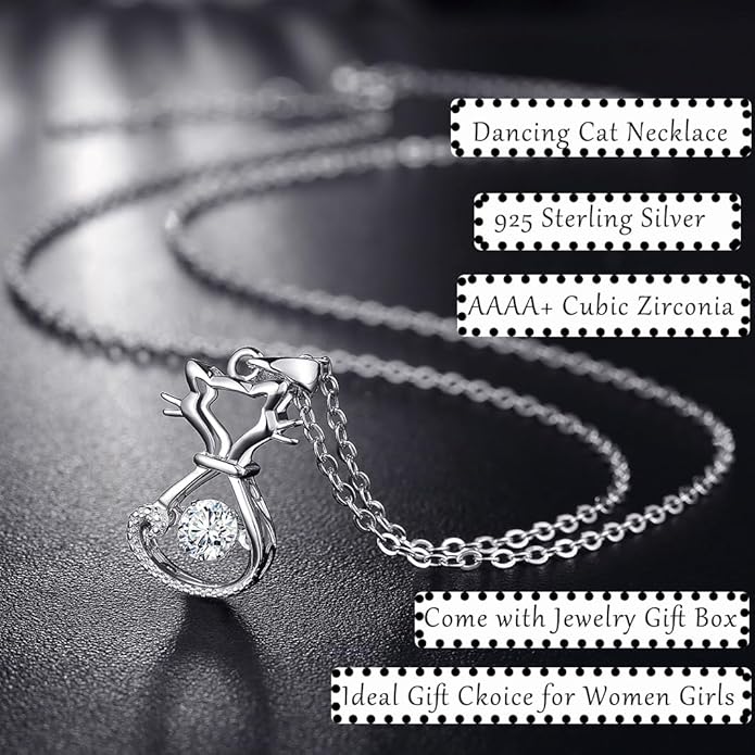 jiamiaoi 18K White Gold Plated Cat Necklace 925 Sterling Silver Diamond Cat Necklace Silver Cat On Moon Necklace for Women Gift for Birthday/Christmas, Come with Gift Box