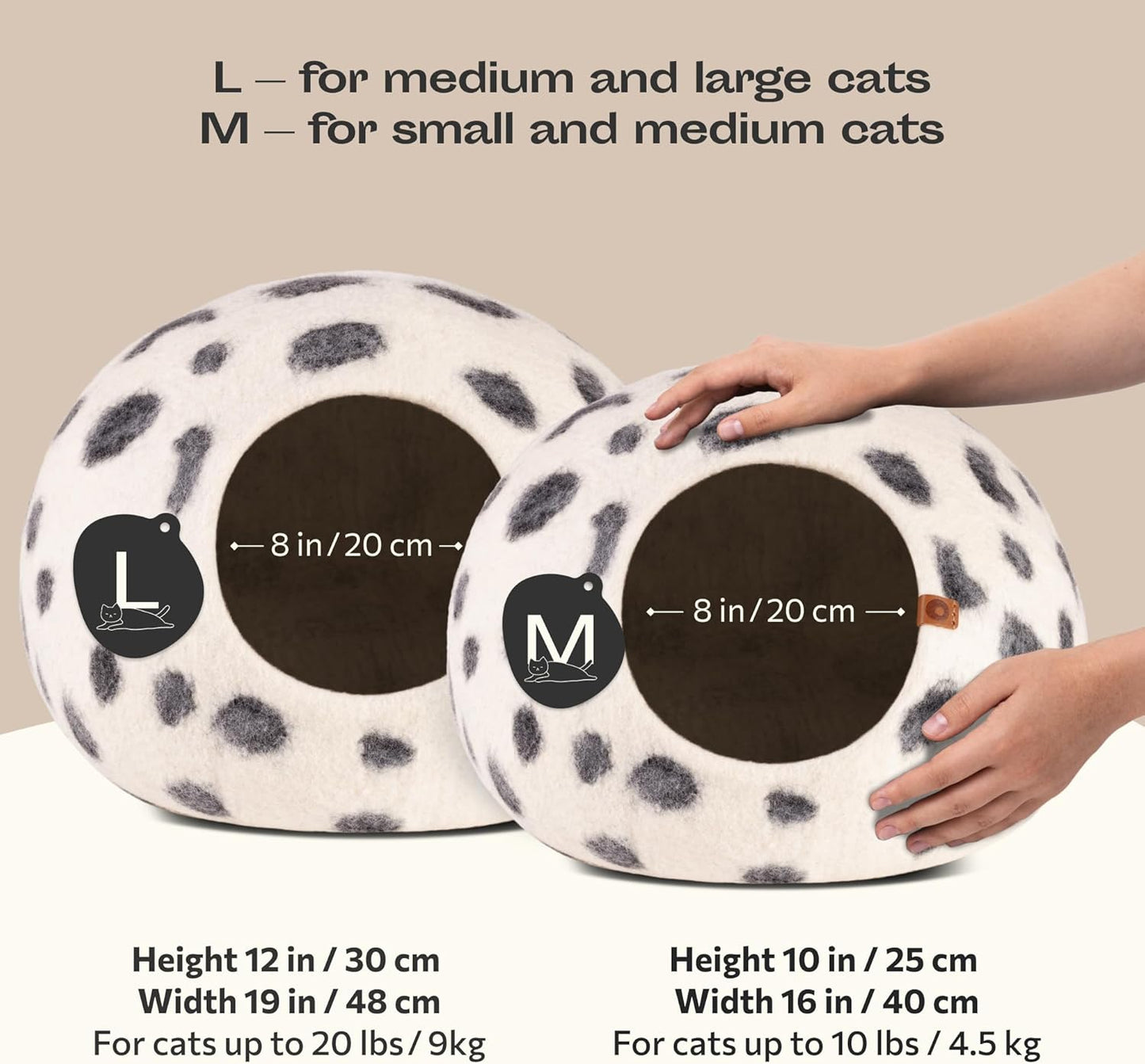 MEOWFIA Cat Cave – Premium Felt Cat Bed for Indoor Cats, Handmade 100% Merino Wool (Large, Snow Leopard)