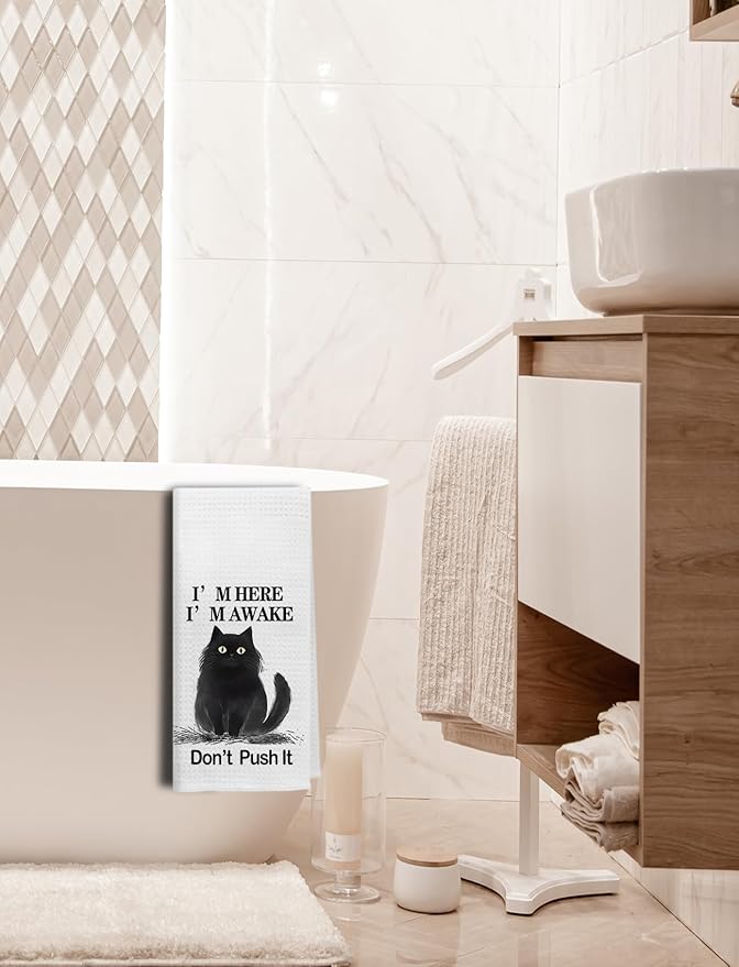 Funny Black Cat Kitchen Towels, Cat Lover Mom Lady Gifts Hand Towels for Bathroom Decor, Cute Black Kitty Kitten Decorative Dish Tea Towels for Kitchen, 16x24 Inch