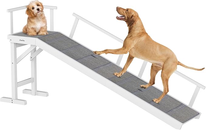 Onelike Wooden Dog Ramp for Bed with Removable Side Rail and Non-Slip Carpet, Stable Pet Ramp Stair for Couch Sofa for Small & Large & Senior Dogs, 74" Long Ramp White