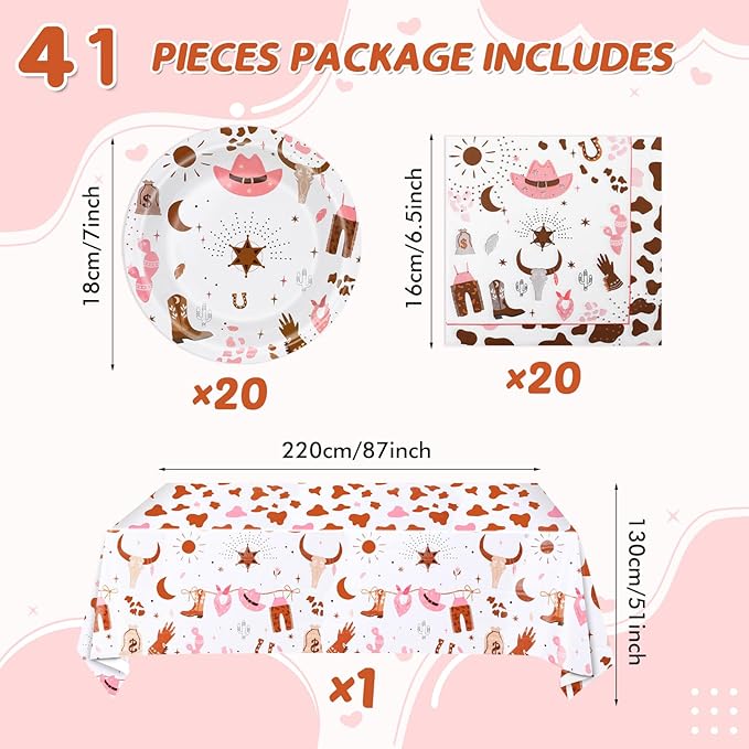 Western Cowgirl Birthday Party Supplies - Wild West Theme Decoration Tableware Include 20 Plates, Napkins and Tablecloth (Serve 20)