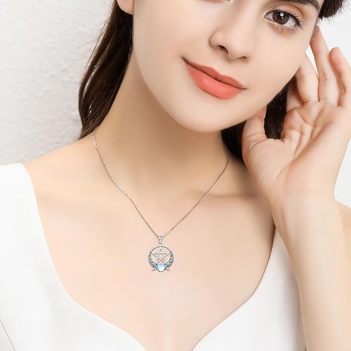 Witch Necklace 925 Sterling Silver Pentagram Triple Moon Pentacle Pendant Wiccan Pagan Jewelry Witchy Gifts for Women