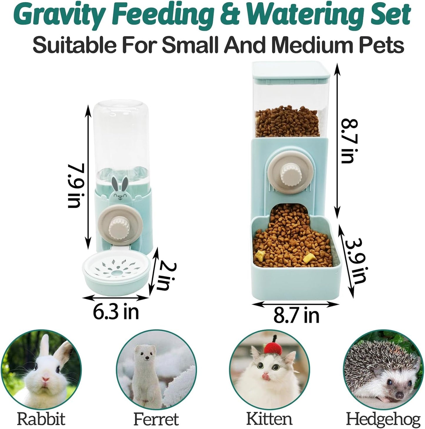 kathson Hanging Automatic Rabbit Pet Food and Water Dispenser, Auto Gravity Bunny Feeders for Cages, Detachable Self-Feeding Feeder and Waterer Set for Ferrets Chinchilla Hedgehog (Light Blue)
