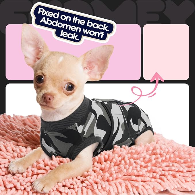 FUAMEY Dog Recovery Suit Male,Dogs Surgery Neuter Suits Puppy Spay Shirts for Female Protect Dog's Skin Anti Licking Abdominal Wounds Doggie Onesie Pet Bodysuit Alternative to Cone Grey Camouflage XS
