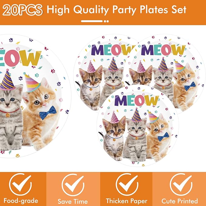 41Pcs Cat Theme Party Supplies - Kitten Birthday Party Decorations Include 20 Paper Plates, 20 Napkins and 1 Tablecloth