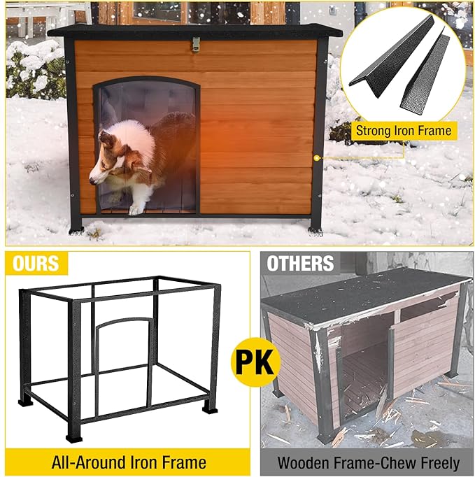 Aivituvin Dog House Outdoor & Indoor Dog Kennel with Insulated Liner for Winter Waterproof Large Dog Cage for Small & Medium & Large Dogs,Unique All-Around Iron Frame