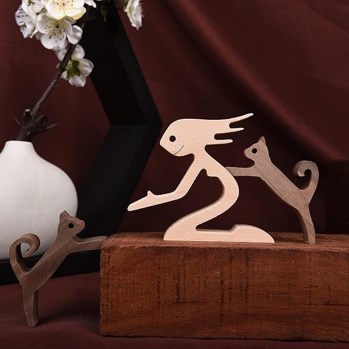 Woman and Cat Statue Wood Figurine Handcraft Kitty Ornament Home Decor Accents