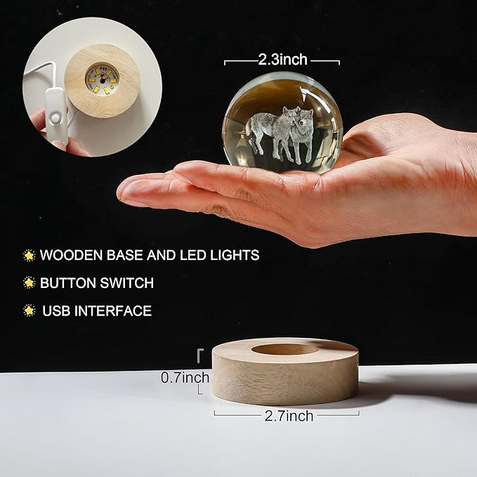 YU FENG 3D Carved Wolf Crystal Ball with Warm White Light Base 2.36 Inch