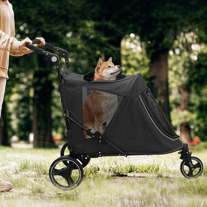Magshion Pet Stroller for Medium Dogs w/Adjustable Handle, 3-Wheel Dog Cat Wagon w/Dual Entry, Rear Storage, Breathable Mesh, One-Foot Brake, Ideal for Large Pets up to 55 lbs, Black