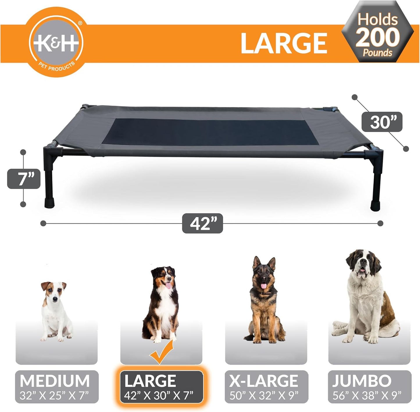 K&H Pet Products Outdoor Elevated Dog Cot, Breathable Cooling Elevated Cot Hammock Pet Bed for Large Dogs, Washable Mesh Cover, Raised Metal Frame, Collapsible, Portable - Large 42 X 30in Charcoal