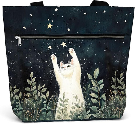 Waterproof Tote Bag with Pockets and Zipper for Work. Shoulder Bag for Women. Gift for Cat Lover Cat Owner.