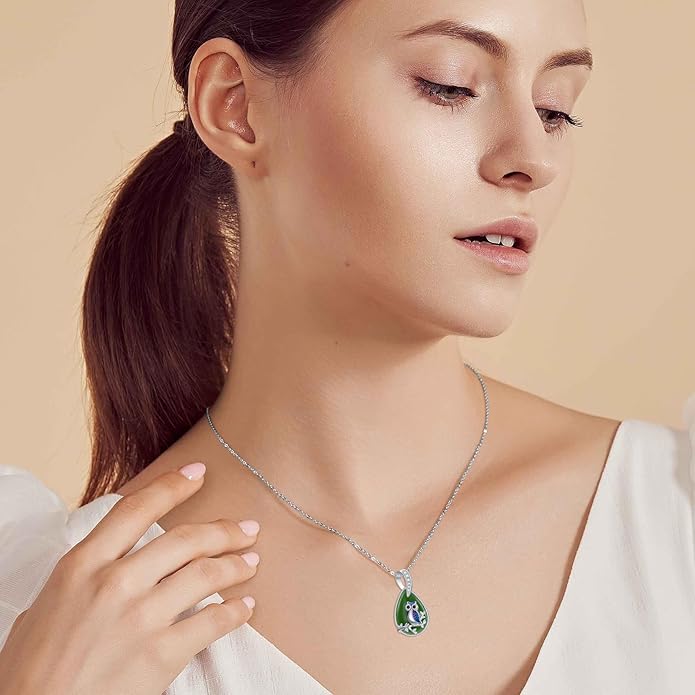 Green Jade Necklace Sterling Silver Teardrop Hummingbird/Dragonfly/Butterfly/Bee/Cat/Cardinal/Owl/Fox/Sloth Natural Jade Jewelry Birthday Mothers Day Christmas Gifts Women Mom Her