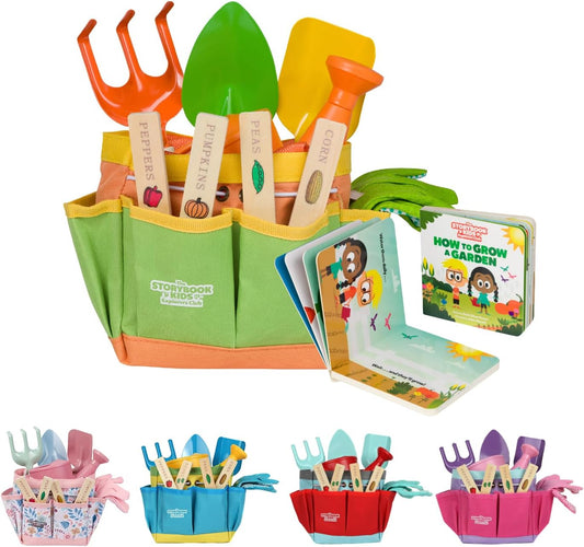 Matching Board Book - Green Kids Gardening Tools Set Includes Sturdy Tote Bag, Watering Can, Shovel, Rake, and Trowel - Garden Storybook - Kids Garden Tools- Easter Gifts for Toddler Age on up.
