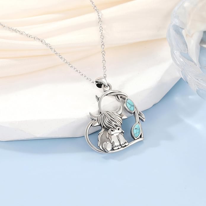 Highland Cow Hummingbird Necklace for Women 925 Sterling Silver Cute Animal Jewelry Gift for Mother Daughter Grandma Nana Sister