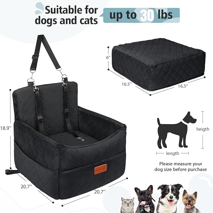Small Dog Car Seat, Memory Foam Dog Booster Car Seats with Thick Cushion for Medium Dogs Under 35lbs, Detachable Washable Dog Bed for Car, Pet Carseat with Storage Pockets,2 Safety Belts