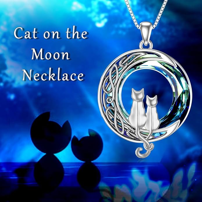 TOUPOP Cat Gifts for Cat Lovers 1 2 3 Cats Necklace Sterling Silver Cat on the Moon Pendant Necklace with Blue Circle Crystal Birthday Christmas Celtic Jewelry Gifts for Women