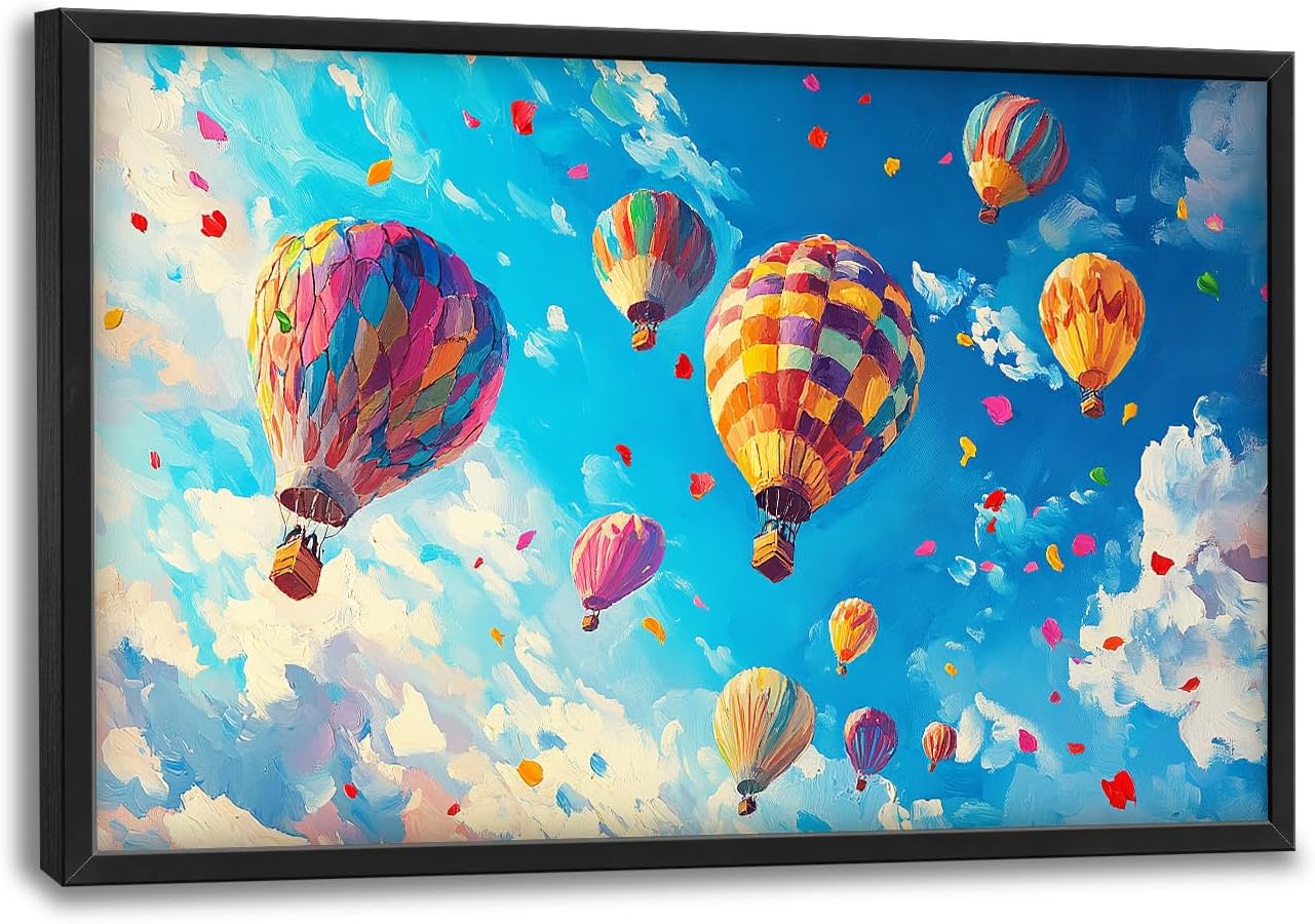 Hot Air Balloon Large Wall Art for Living Room, Framed Oversized Hot Air Balloon Wall Decor Colorful Sky Canvas Painting Modern Artwork for Living Room Bedroom Office Dinging Room 36"x24"