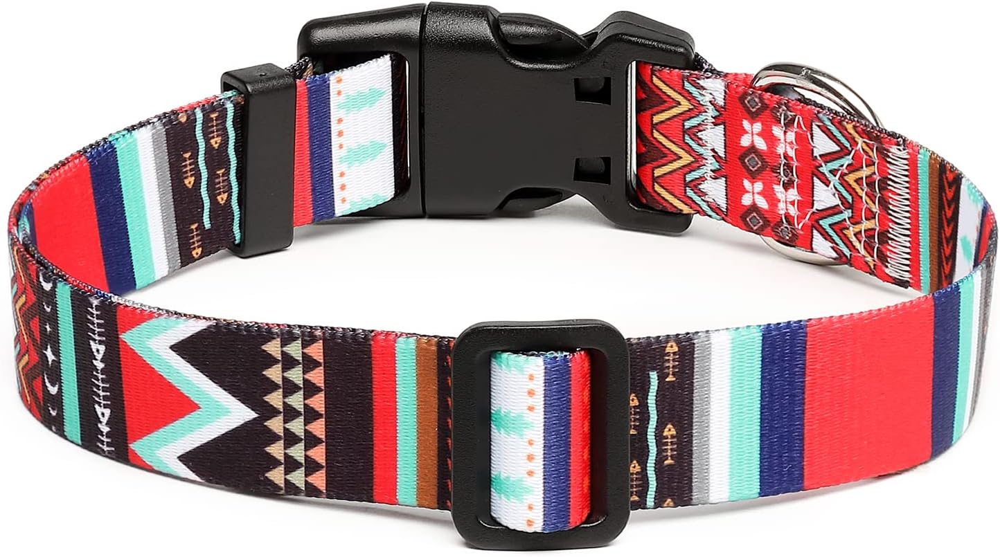 Mercano Adjustable Dog Collar - Special Design Patterns, Soft Nylon Comfortable Durable Pet Collar for Small Medium Large Dogs (L, Tribal Red)