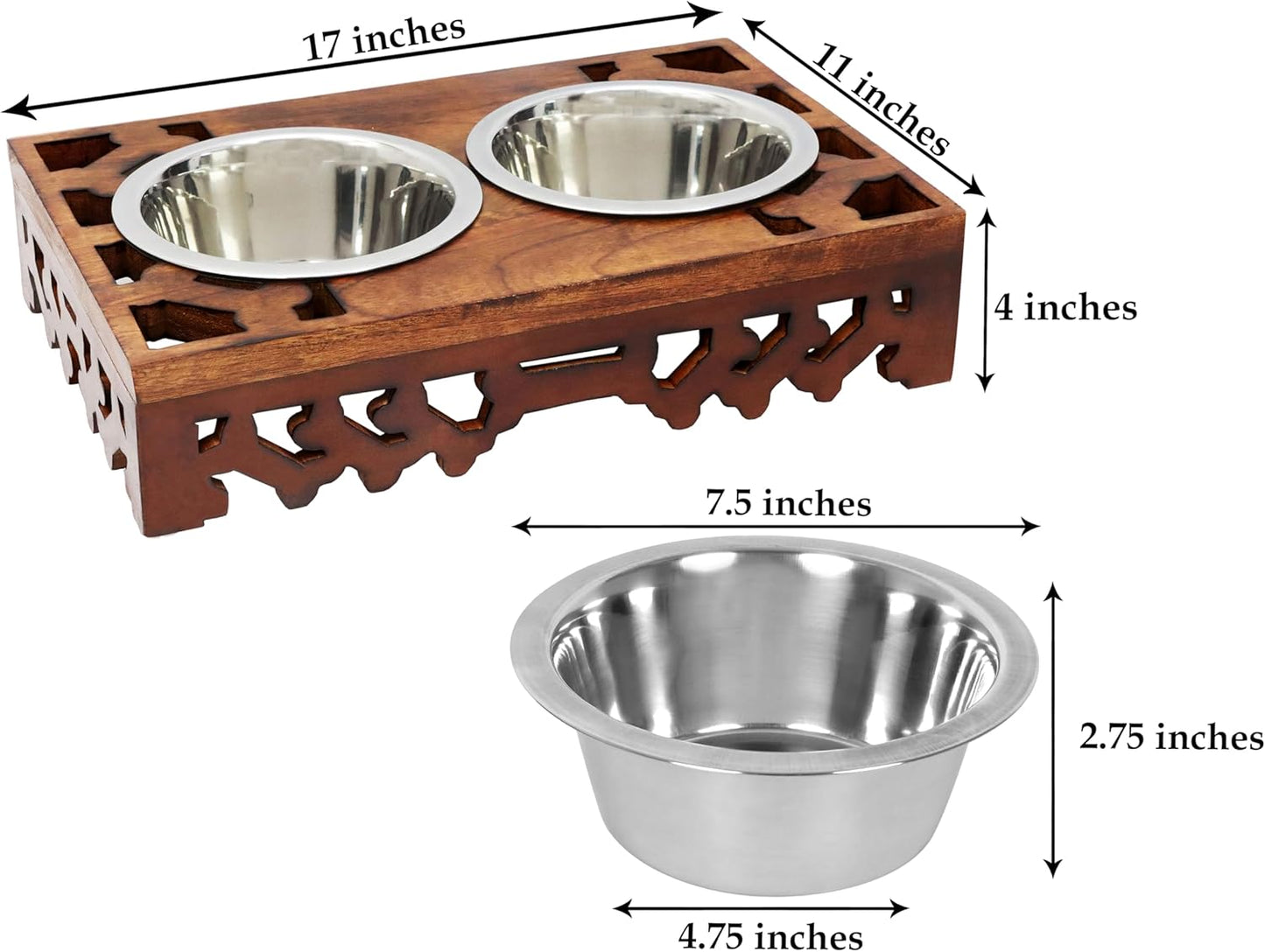Elevated Pet Feeder for Dogs and Cats - Hand Carved Wood Bones Raised Dog Bowl Stand - Pet Feeding Stand with Two Steel Bowls - Raised Dog Bowl for Food Water - Pet Feeding Station -17x11x4- IRONGATE