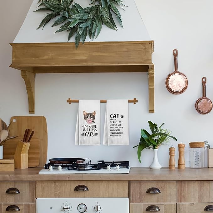 Funny Cat Kitchen Towels and Dishcloths Set of 2, Just a Girl Who Loves Cats Dish Towels, Cat Gifts for Cat Lovers, Cat Kitchen Decor, Cat Hand Tea Towels for Bathroom Kitchen, 16x24 Inches