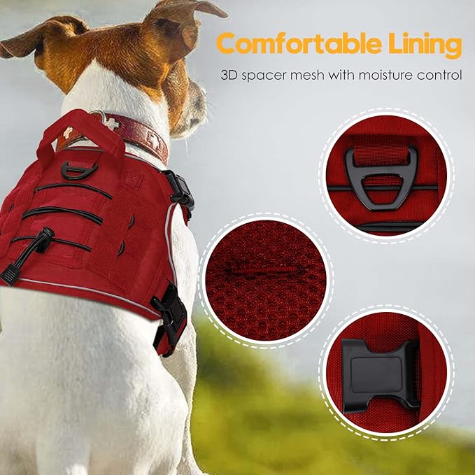 Heavy-Duty Tactical Dog Harness for Large Dogs, No Pull Adjustable Reflective Pet Vest with Molle System, K9 Military-Grade Control for Service Training, Outdoor & 10+ Breeds, Red, Small