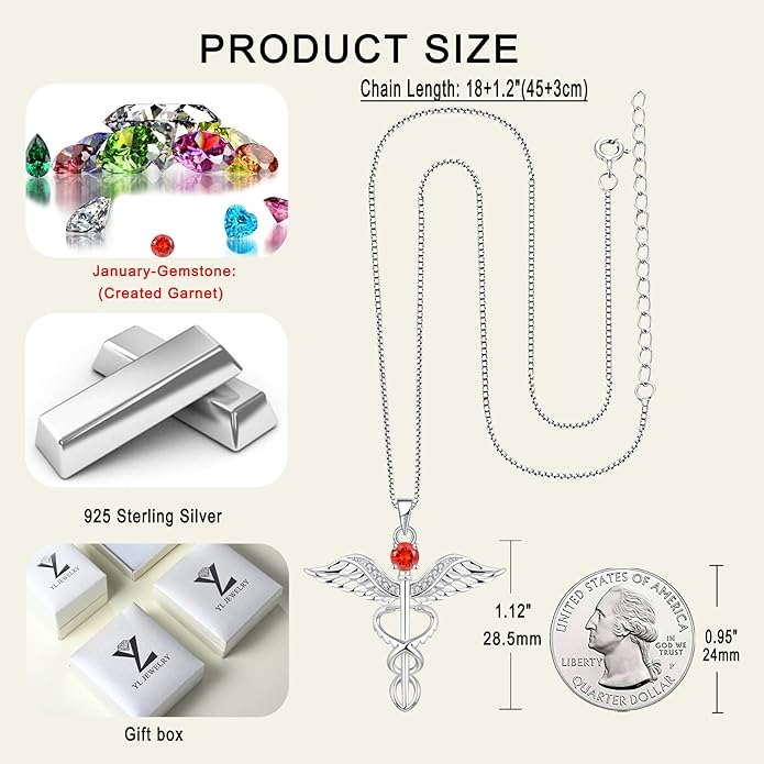 YL Caduceus Necklace Sterling Silver Doctor Nurse Themed Pendant Birthstone Angel Wings Snake Jewelry for Women