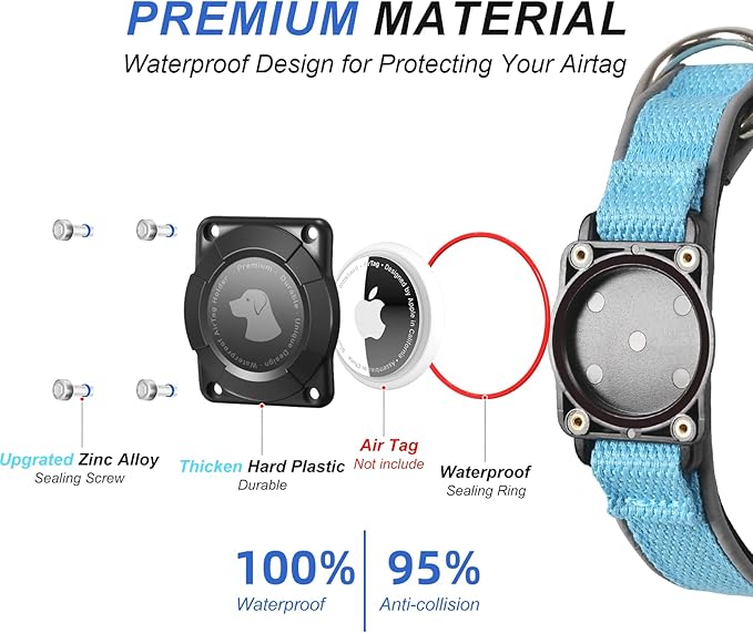 Waterproof Airtag Dog Collar - Nylon Collar with Durable Airtag Holder, Reflective&Anti-Lost with Safety Metal Buckle, Soft Padded Adjustable for Small Medium Large Dogs Blue XL