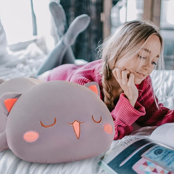 FUYU Cat Stuffed Animals, Soft Cat Plush Pillow Kawaii Kitten Stuffed Animal Toy Gifts for Kids Boys Girls Room Decor (Gray Squinted,19in/50cm)
