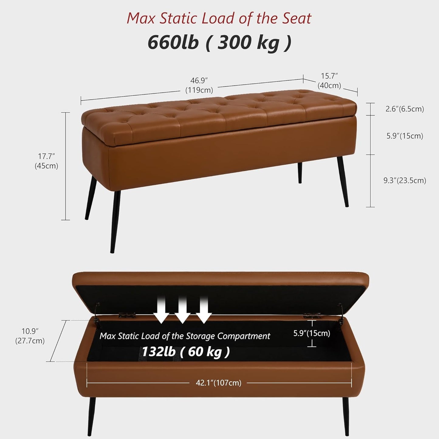 Leather Storage Ottoman Bench,End of Bed Bench for Living Room Bedroom Dinning Room Entryway,Mid-Century Modern,Faux Leather,with Steel Legs,Safety Hinges, Loads 660 lb (with Button, Brown)