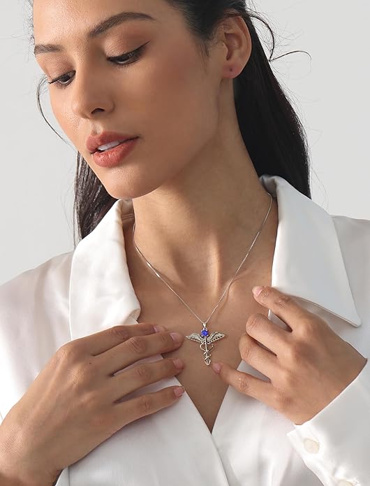 YL Caduceus Necklace Sterling Silver Doctor Nurse Themed Pendant Birthstone Angel Wings Snake Jewelry for Women