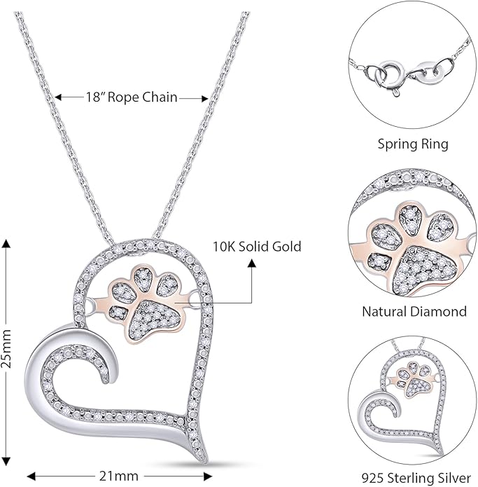AFFY Paw Print Dog Cat Heart Pendant Necklace, 925 Sterling Silver & 10K Solid Gold Natural Diamond, Two Tone Heart Necklace for Pet Lovers, Elegant Silver Gift for Her