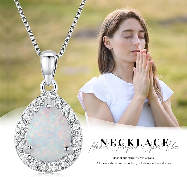 Urn necklace for Ashes 925 Sterling Silver Opal/Turquoise/Moonstone/Moss agate Pendant Cremation Memory Jewelry Keepsake Gifts for Women