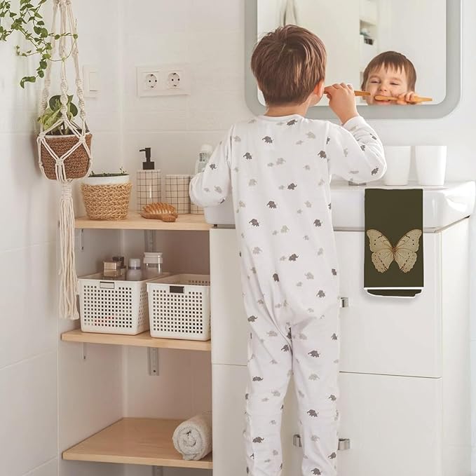 Vintage Butterfly Kitchen Towels, Cottagecore Dark Green Butterfly Decorative Dish Tea Towels for Kitchen, Antique Insect Moth Hand Towels for Bathroom, 16x24 Inch