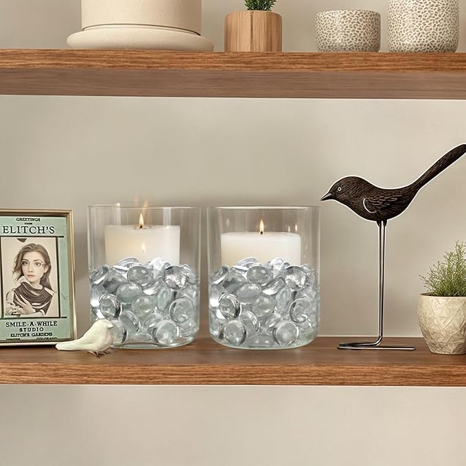 FUTUREPLUSX 1LB Clear Flat Glass Marbles, Vase Filler Glass Pebbles Floral Beads Table Aquarium Gravel Decoration DIY Craft