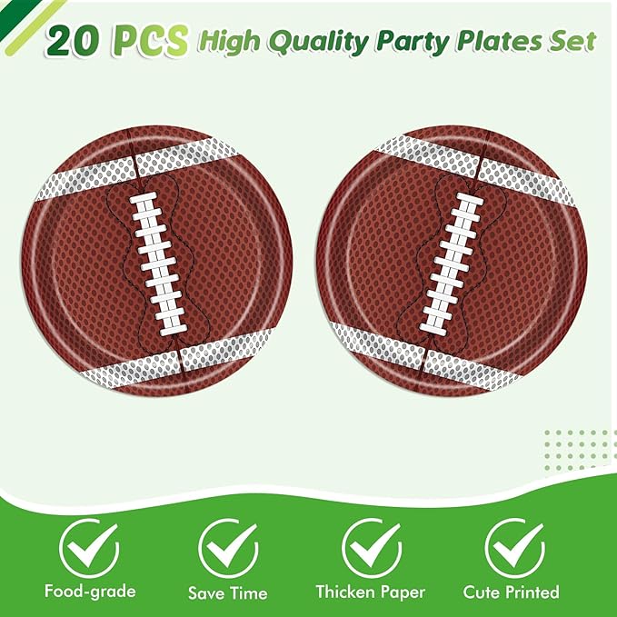 41Pcs Football Birthday Party Decorations, Green Touch Down Luncheon Napkins, 7" Round Paper Plates, Football Tablecloth, Serve 20